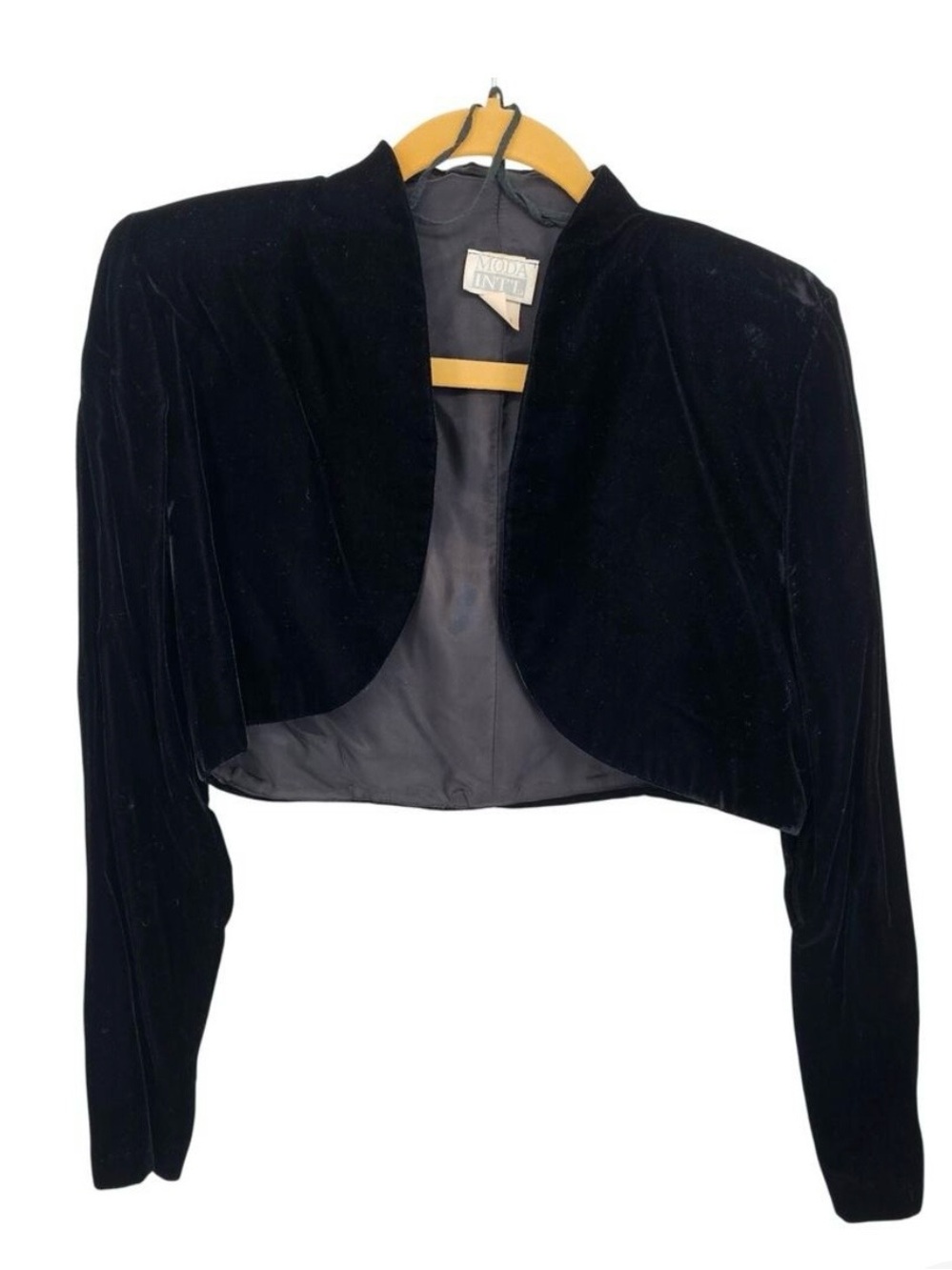 VTG Moda Intl Black Velvet Cropped Open Front Bolero Jacket M Vampy Whimsigoth